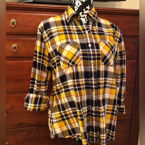Ladies Blue and Yellow Plaid Flannel Shirt - Picture 1 of 7